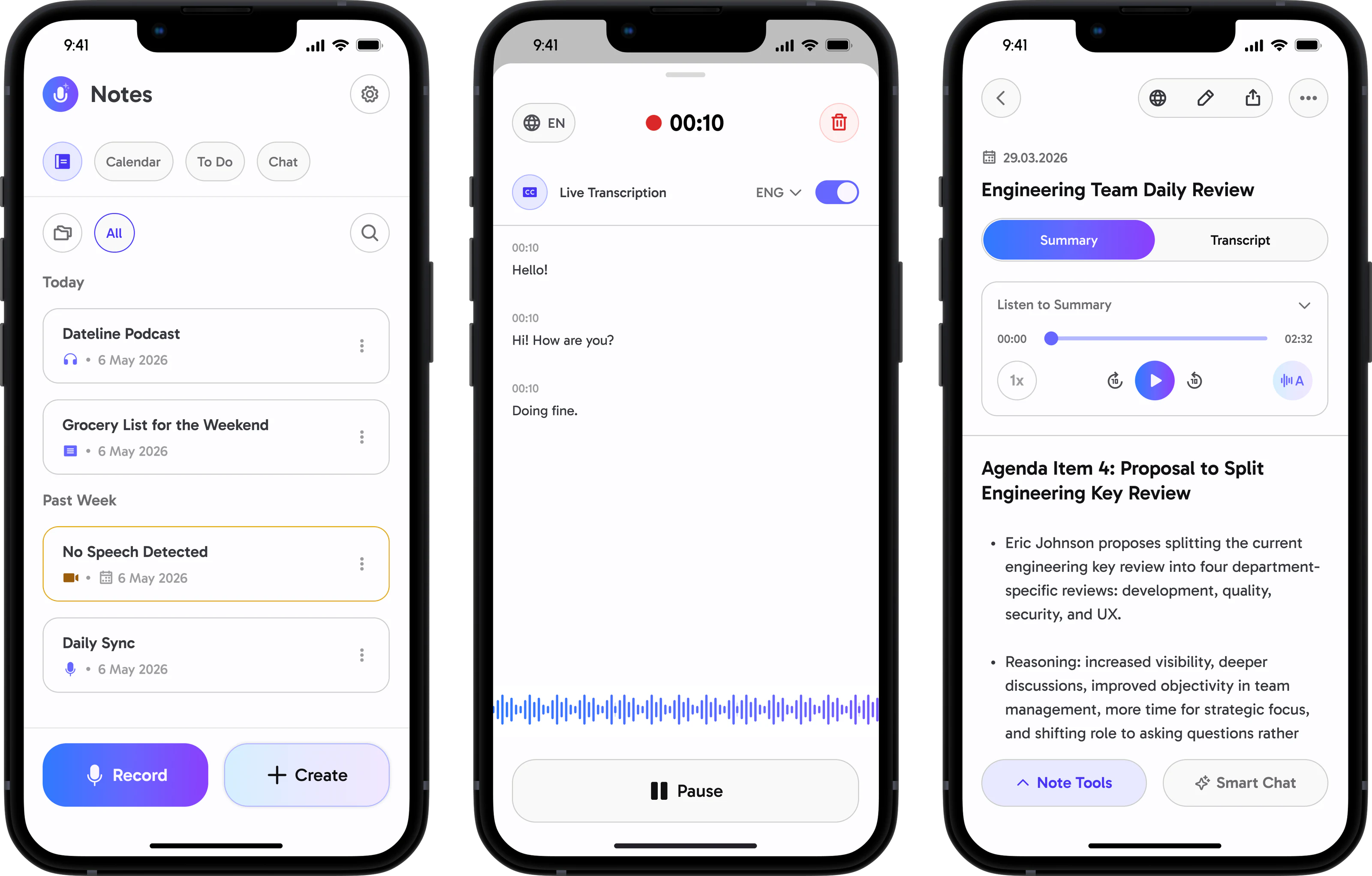 Three CraftNote screens on phones: the notes list, a live transcript, and a note's summary