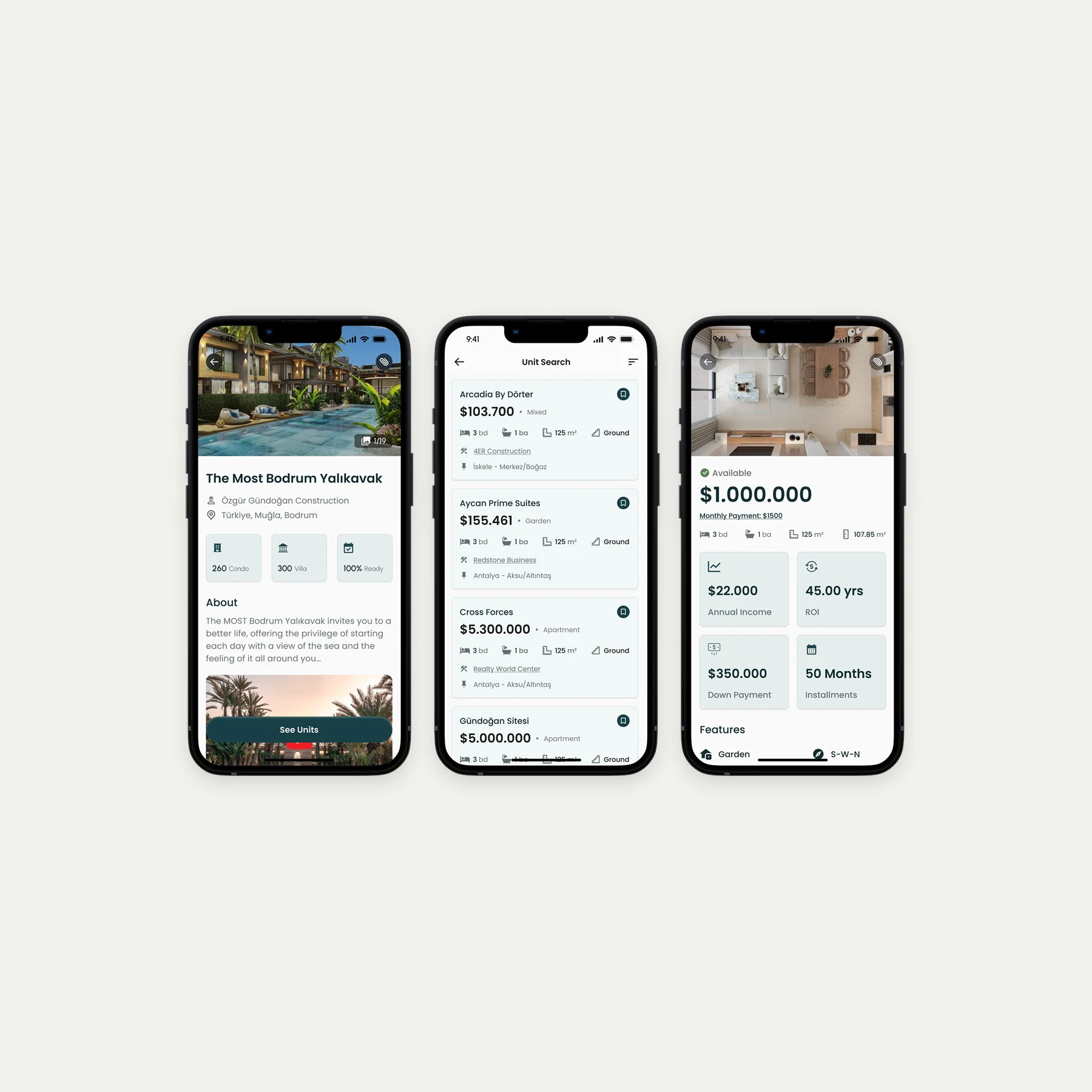 Four Proje Sunum screens: a unit's price and payment plan, search results, project photos, and a project's unit breakdown
