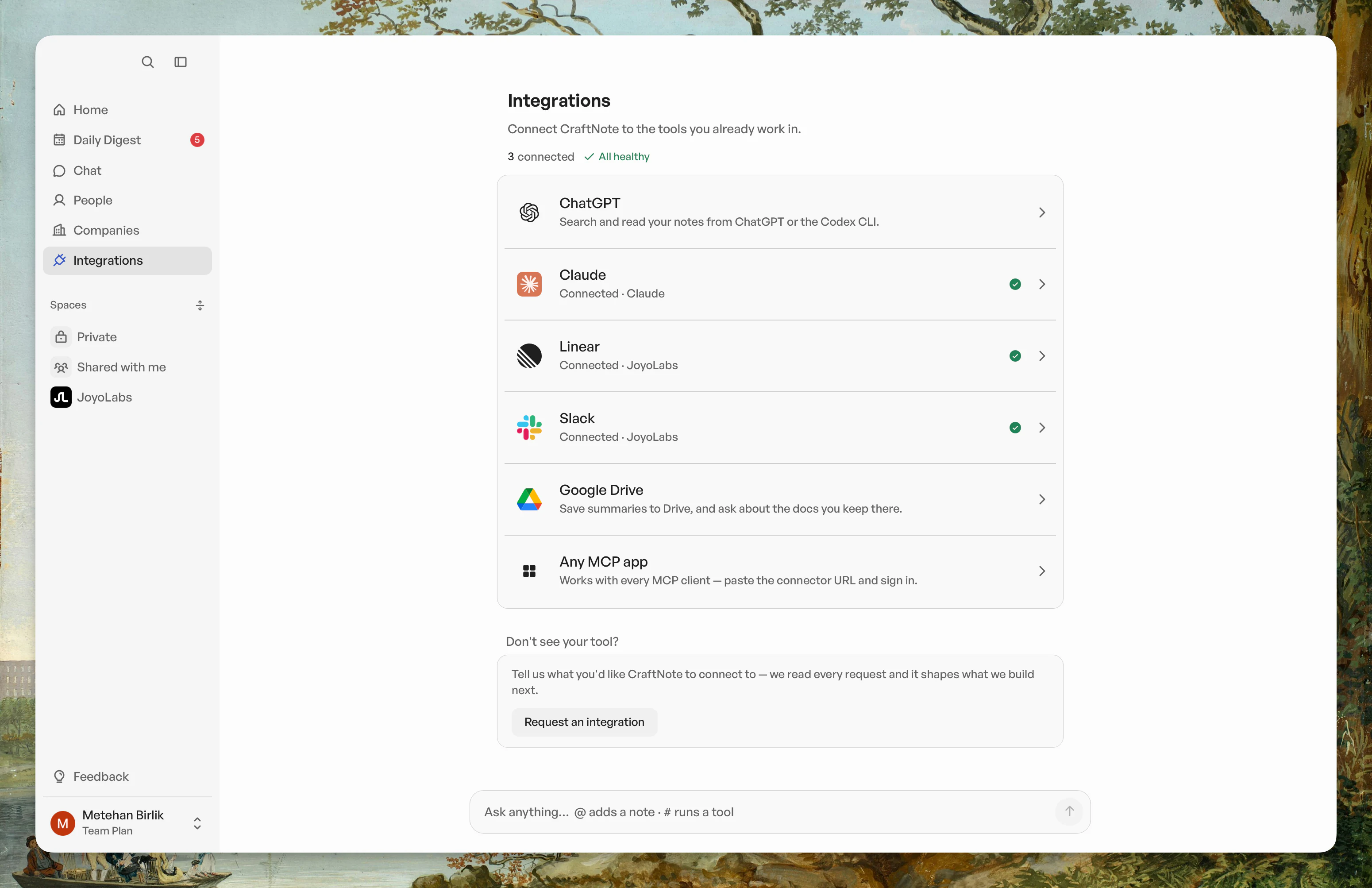 CraftNote integrations view