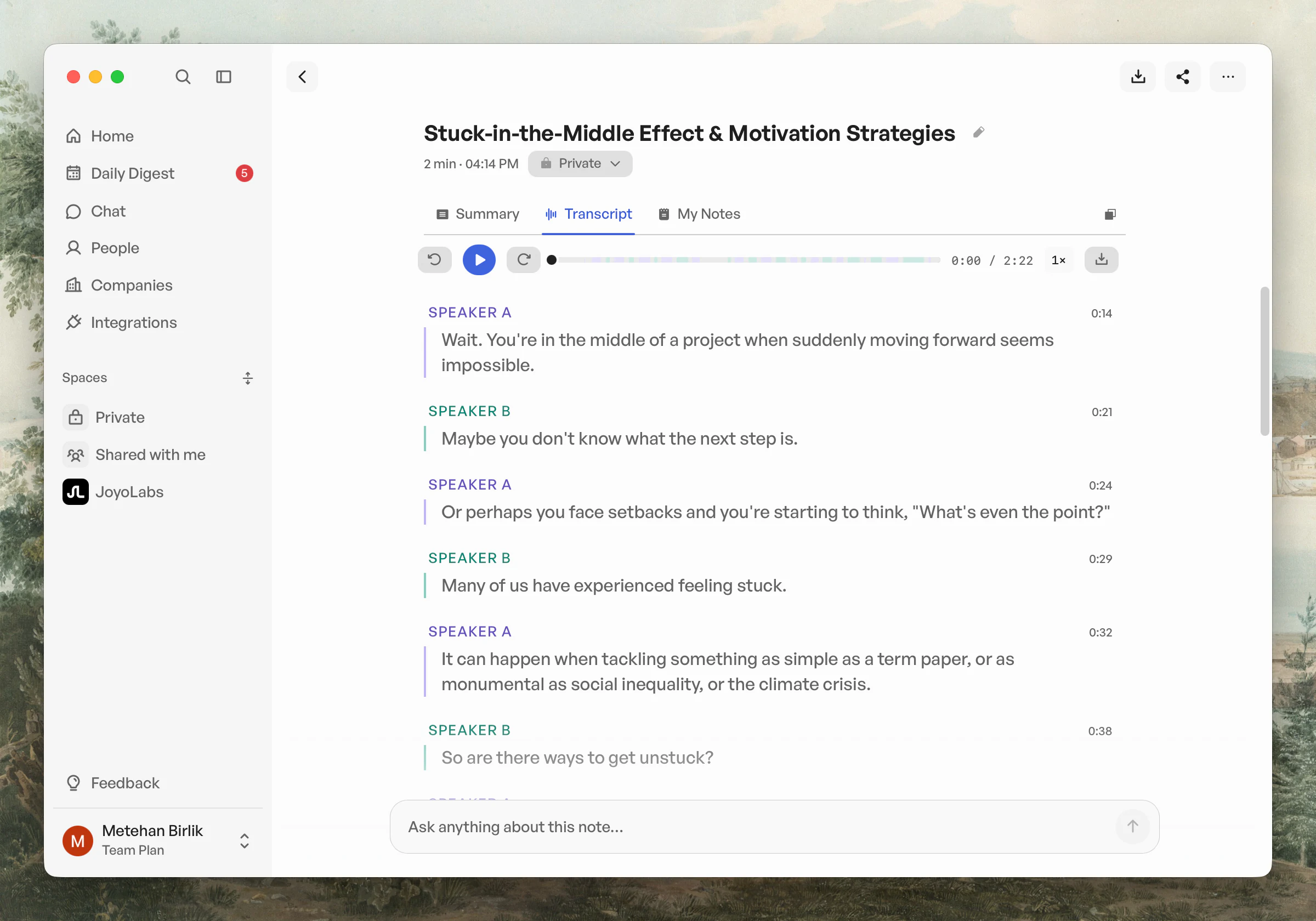 CraftNote transcript view