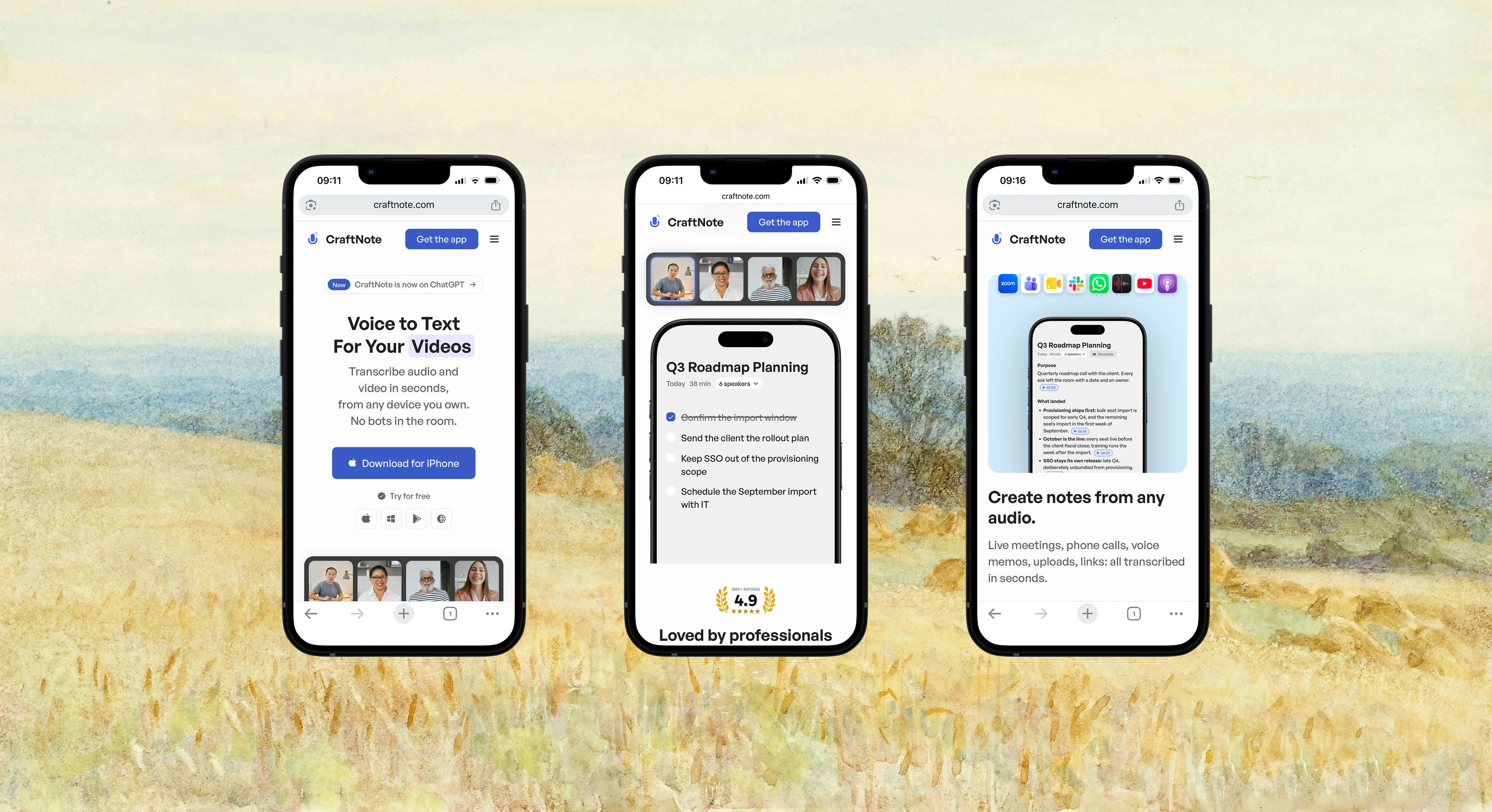 The CraftNote landing page on three phones, showing the hero, a shared note, and the audio sources section